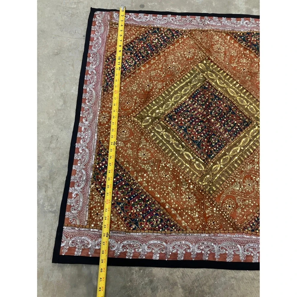 Vintage Indian Patchwork Tapestry Orange Gold Sequin Embroidered Wall Art 40x39